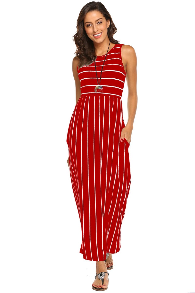 Hount Women's Summer Sleeveless Striped Flowy Casual Long Maxi Dress with Pockets (Red, XX-Large) - Image 2